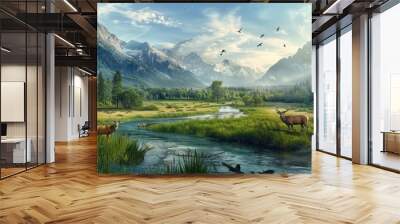 A biodiverse ecosystem, with various plant and animal species coexisting Wall mural