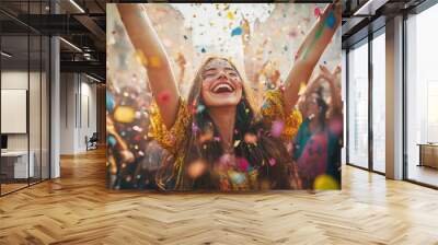 A bright colorful festival with people dancing in the streets Wall mural