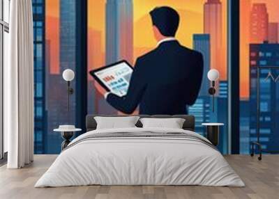 A businessman standing by a large window in a high-rise office, looking at his tablet and reviewing financial reports  Wall mural