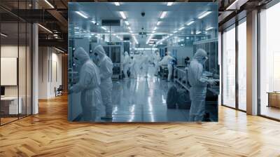 A clean room in a semiconductor fabrication plant with technicians in full-body suits Wall mural