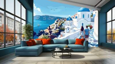 A couple exploring the streets of Santorini, Greece, with white-washed buildings, blue domes, and the Aegean Sea in the background Wall mural