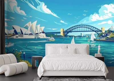 A scenic view of the Sydney Opera House, with its iconic sails, the harbor bridge, and boats on the water Wall mural