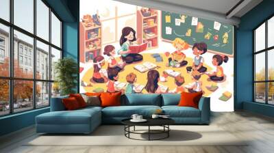 A teacher reading a story to a group of preschool children sitting cross-legged on a colorful classroom rug, books and toys scattered around them Wall mural