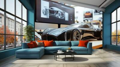 An automotive design studio with sketches, clay models, and digital screens Wall mural