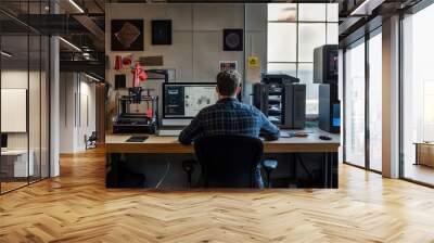 An industrial design workshop with 3D printers and design software in use Wall mural