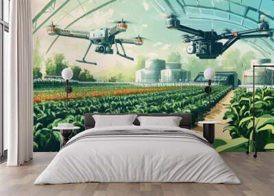 Autonomous drones and robots tending to crops in a futuristic smart farm Wall mural