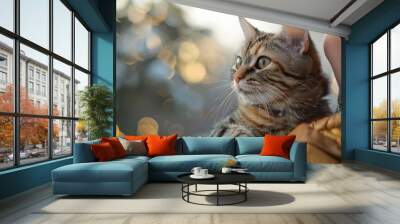 Gray and white tones cat holding by a woman

 Wall mural