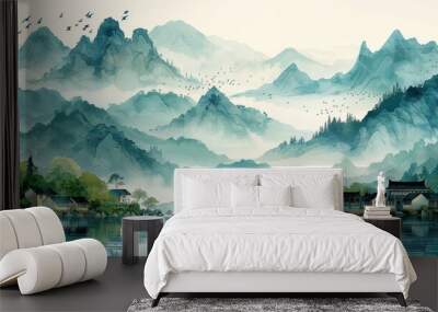 Landscape with lake and mountains in oil art style. Wall mural