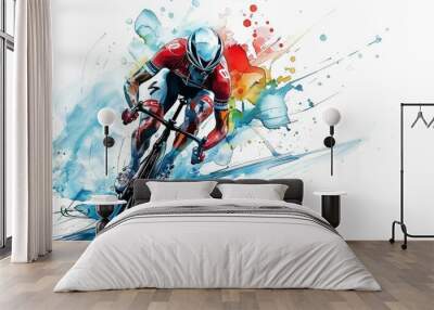 Professional bicycle racer riding a bike on abstract colorful graphic background. Wall mural