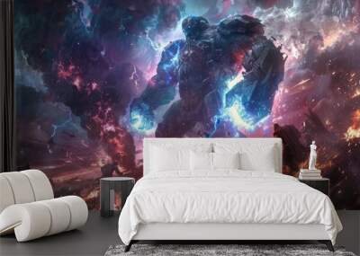 Superhero and his enemy fight in space. Wall mural