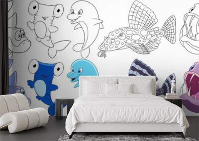 Cartoon underwater animals set. Collection of fishes. Moorish idol, simple shark, hammerhead shark, dolphin, catfish, angler fish. Coloring book pages for kids. Wall mural