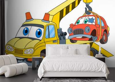 Cartoon vehicle transport. Tow truck (evacuator) with a broken car, isolated on white background. Childish vector illustration and colorful book page for kids. Wall mural