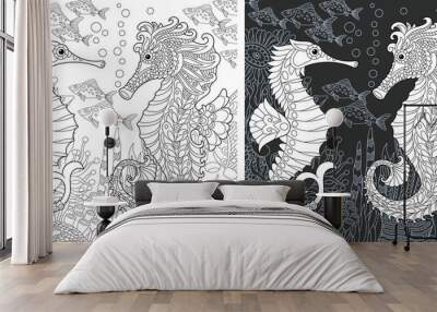 Coloring page with sea horses Wall mural