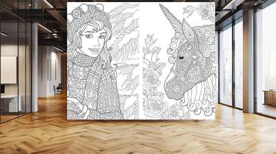 Coloring pages with winter girl and unicorn Wall mural