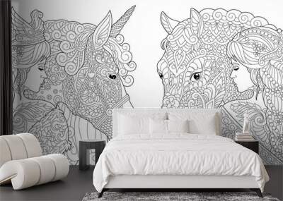 Fantasy coloring pages with pretty girls, horse, magic unicorn Wall mural