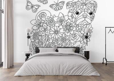 Floral adult coloring book page. Fairy tale pug dog. Ethereal animal consisting of flowers, leaves and butterflies. Wall mural