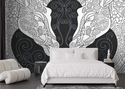 Giraffes in black and white line art style Wall mural