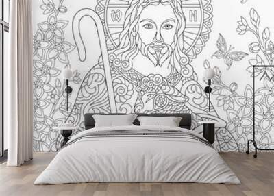 Jesus Christ with a lamb. Portrait of christian biblical character with floral background. Easter Coloring Page. Coloring Book. Antistress freehand sketch drawing with doodle and zentangle elements. Wall mural