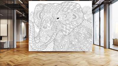 stylized elephant among leaves of palm tree. freehand sketch for adult anti stress coloring book pag Wall mural