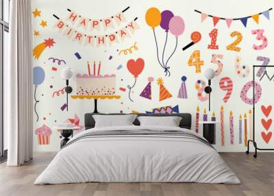 collection of various festive elements for a birthday party. set of simple and cute items for design Wall mural