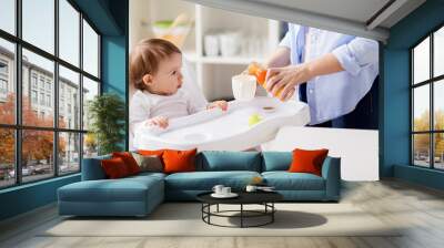 baby and mother pouring juice to cup at home Wall mural