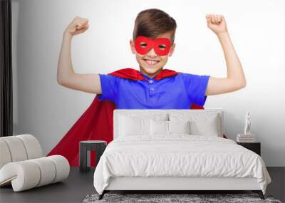 boy in red super hero cape and mask showing fists Wall mural