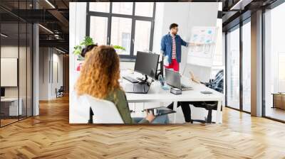 business, technology and people concept - man showing user interface design on flip chart to creative team at office presentation Wall mural