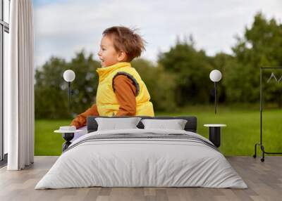 childhood, leisure and people concept - happy little boy playing game with flying disc at park Wall mural