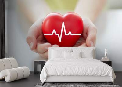 close up of hand with cardiogram on red heart Wall mural