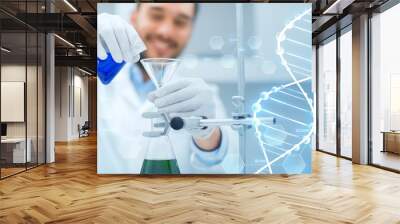 close up of scientist with test tubes and funnel Wall mural