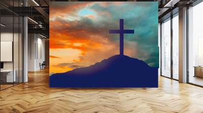 crucifixion, religion and christianity concept - silhouette of cross on calvary hill over sky background Wall mural