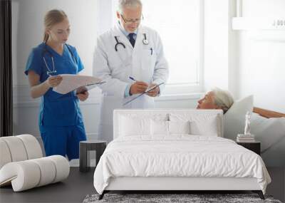 doctor and nurse visiting senior woman at hospital Wall mural