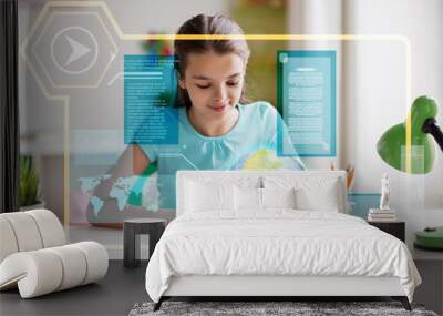 education, school and technology concept - girl with tablet pc computer and hologram projection of earth planet or globe learning geography online at home Wall mural