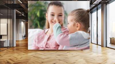 family, childhood and friendship concept - two happy smiling little girls or sisters at home Wall mural