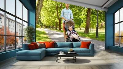 family, fatherhood and people concept - happy father with child in stroller walking at summer park Wall mural