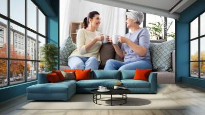 family, generation and people concept - happy smiling senior mother with adult daughter drinking coffee or tea and talking at home Wall mural