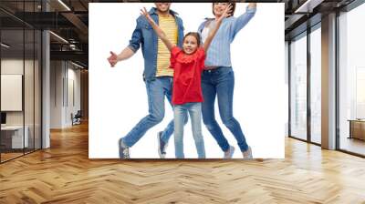 family, motion and people concept - happy smiling mother, father and little daughter jumping over white background Wall mural