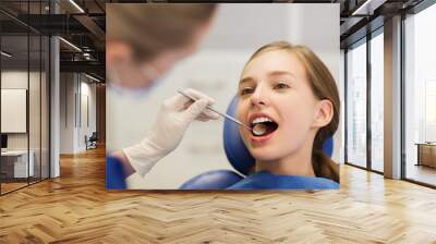 female dentist checking patient girl teeth Wall mural