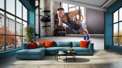 fitness, sport, bodybuilding and people concept - young man doing push-ups on gymnastic rings in gym Wall mural