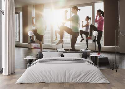 group of people working out with steppers in gym Wall mural