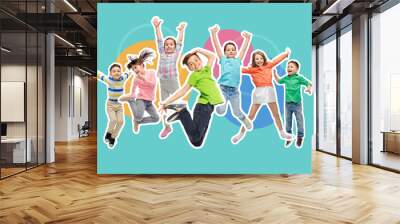 happiness, childhood and people concept - magazine style collage of happy kids jumping in air over blue background Wall mural