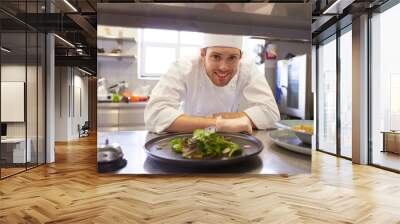 happy male chef cooking food at restaurant kitchen Wall mural