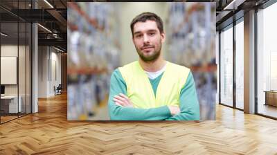 happy man in reflective safety vest at warehouse Wall mural