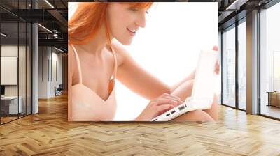 happy redhead woman with laptop computer Wall mural