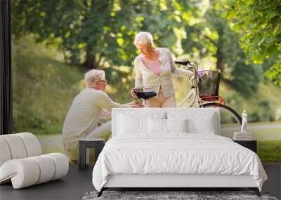 happy senior couple with bicycle at summer park Wall mural