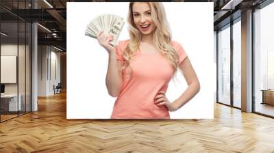 happy young woman with usa dollar cash money Wall mural