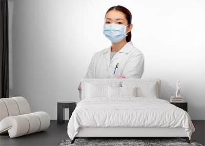 health, medicine and pandemic concept - young asian female doctor or scientist wearing face protective medical mask for protection from virus disease Wall mural