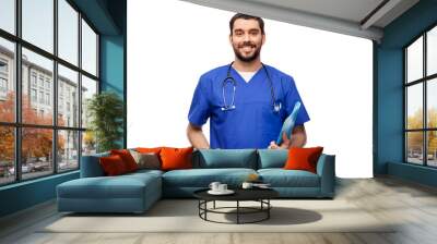 healthcare, profession and medicine concept - happy smiling doctor or male nurse in blue uniform with folder over white background Wall mural