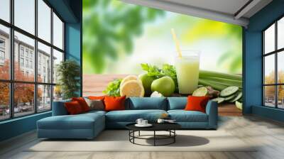 healthy eating, food, dieting and vegetarian concept - glass of green juice with fruits and vegetables on wooden table over green natural background Wall mural