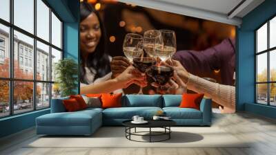 holidays, party and celebration concept - multiethnic group of happy friends having christmas dinner at home and drinking wine Wall mural